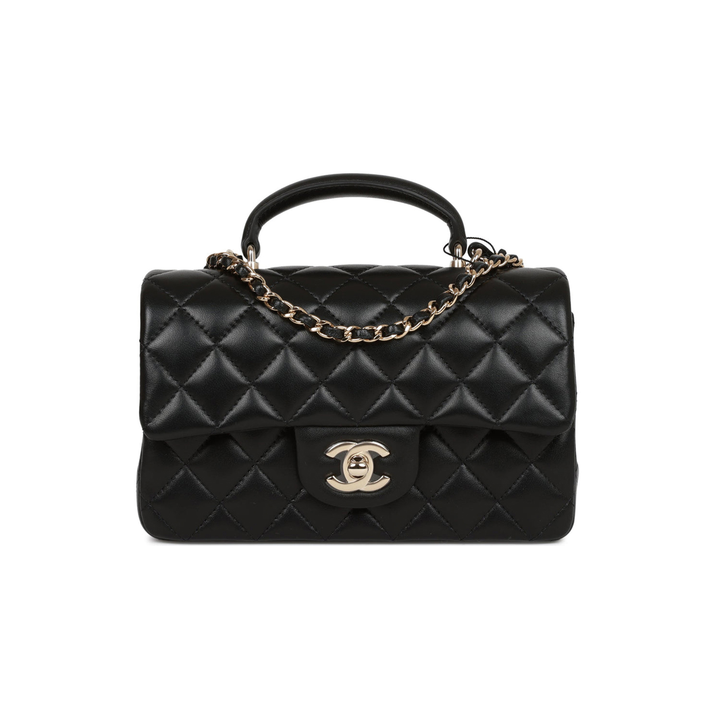 CHANEL MINI RECTANGULAR FLAP BAG WITH TOP HANDLE BLACK LAMBSKIN LIGHT GOLD HARDWARE (22*15*8cm) CHANEL MINI RECTANGULAR FLAP BAG WITH TOP HANDLE BLACK LAMBSKIN LIGHT GOLD HARDWARE (22*15*8cm)